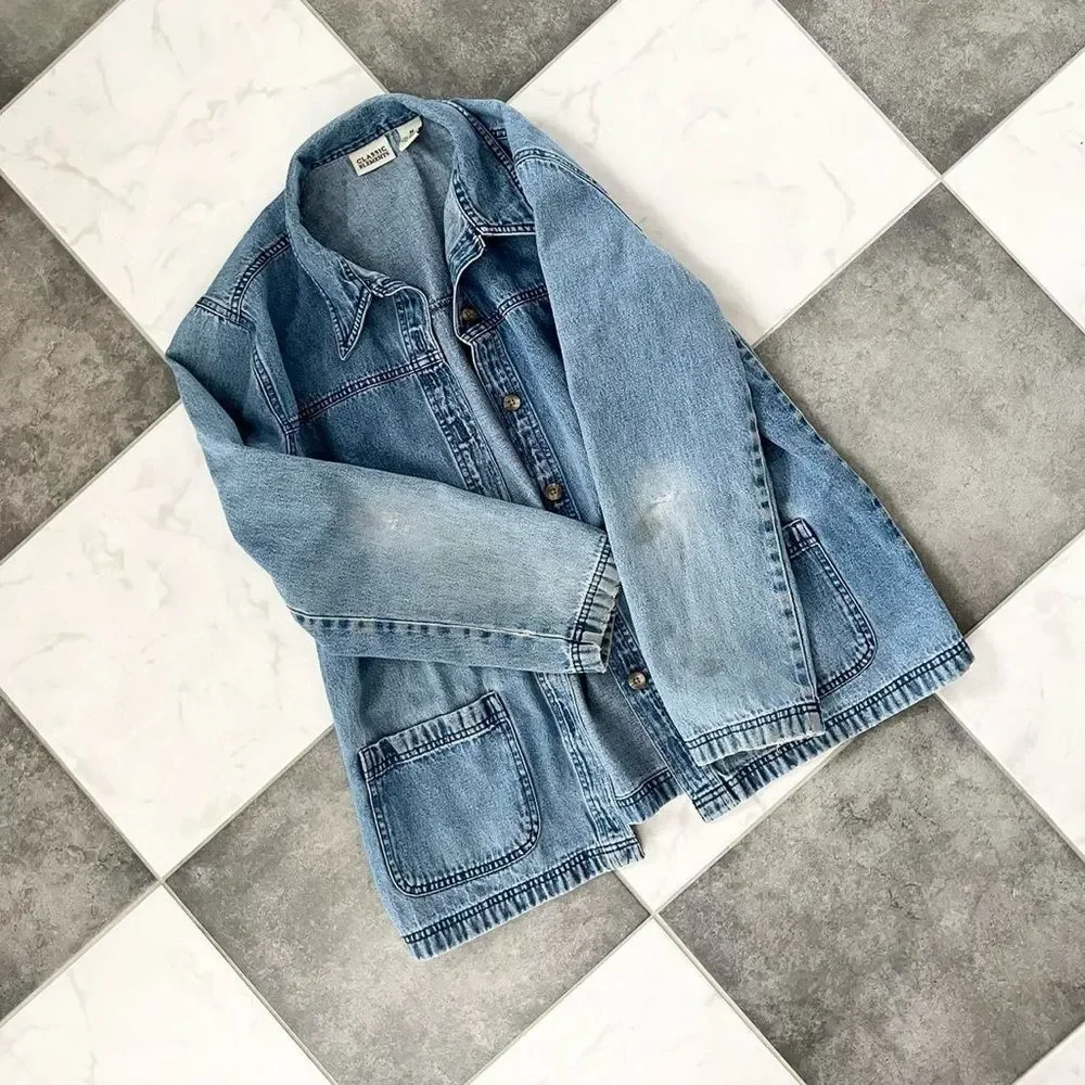 Perfectly Faded 90s Vintage Blue Denim Barn Chore Coat Jacket Small Medium Women - Picture 4 of 5